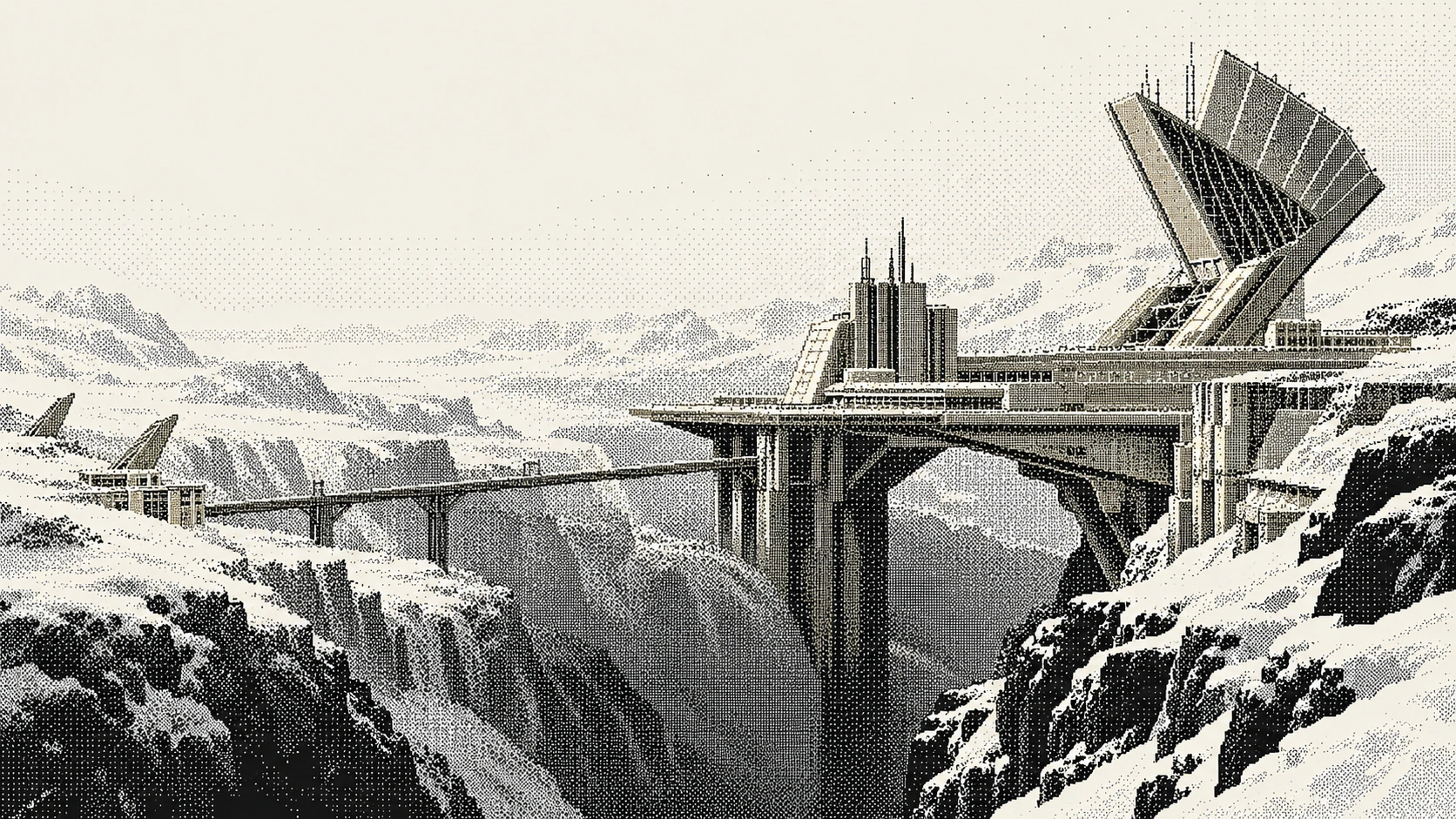 Illustration of a large research observatory built across a snowy ravine.