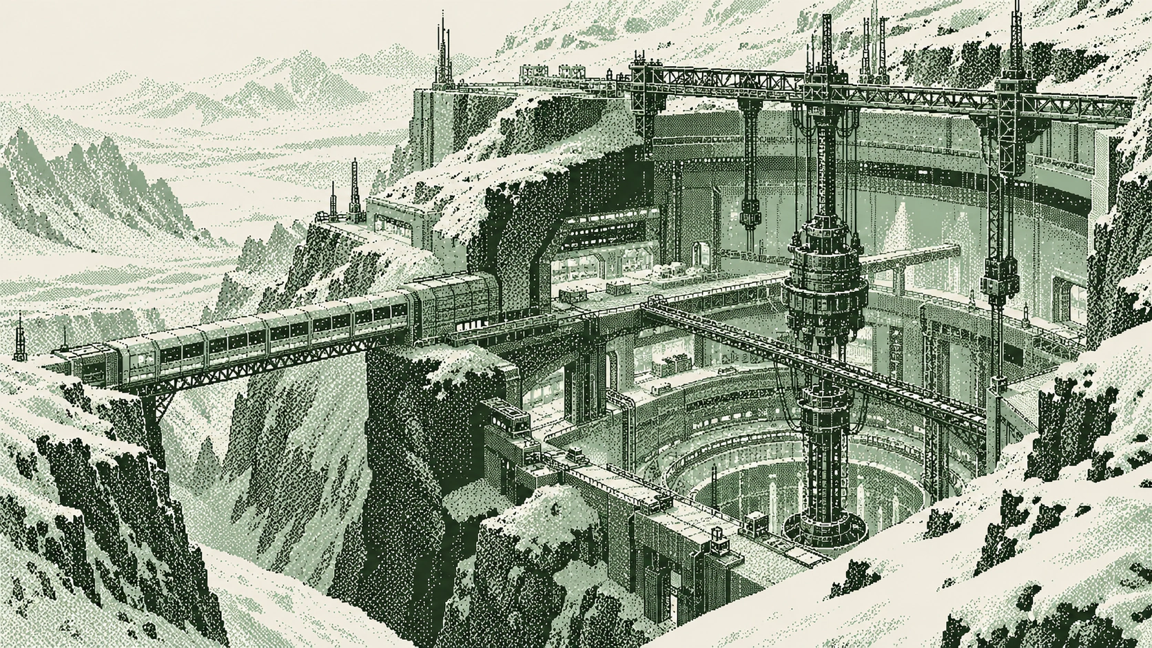 Illustration of a large engineering base cut into icy bedrock.